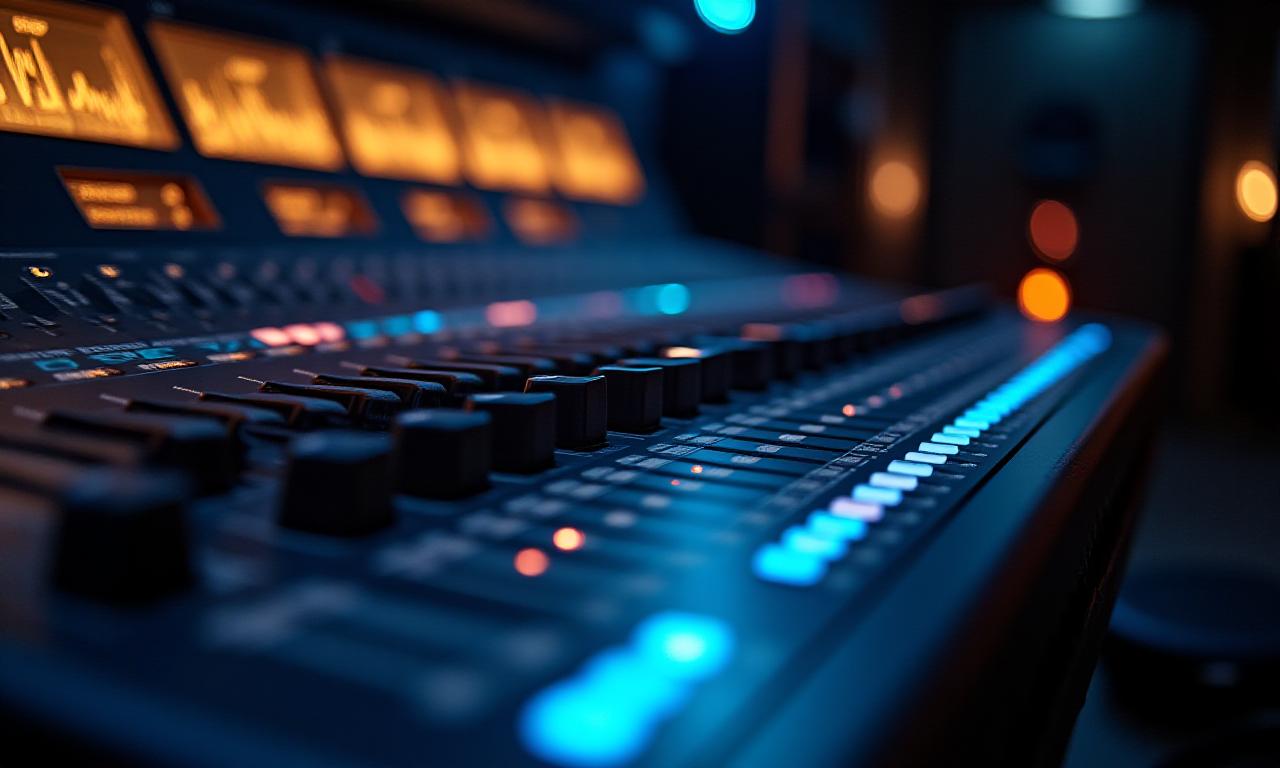 Close up of professional audio mixing console with bokeh digital lights